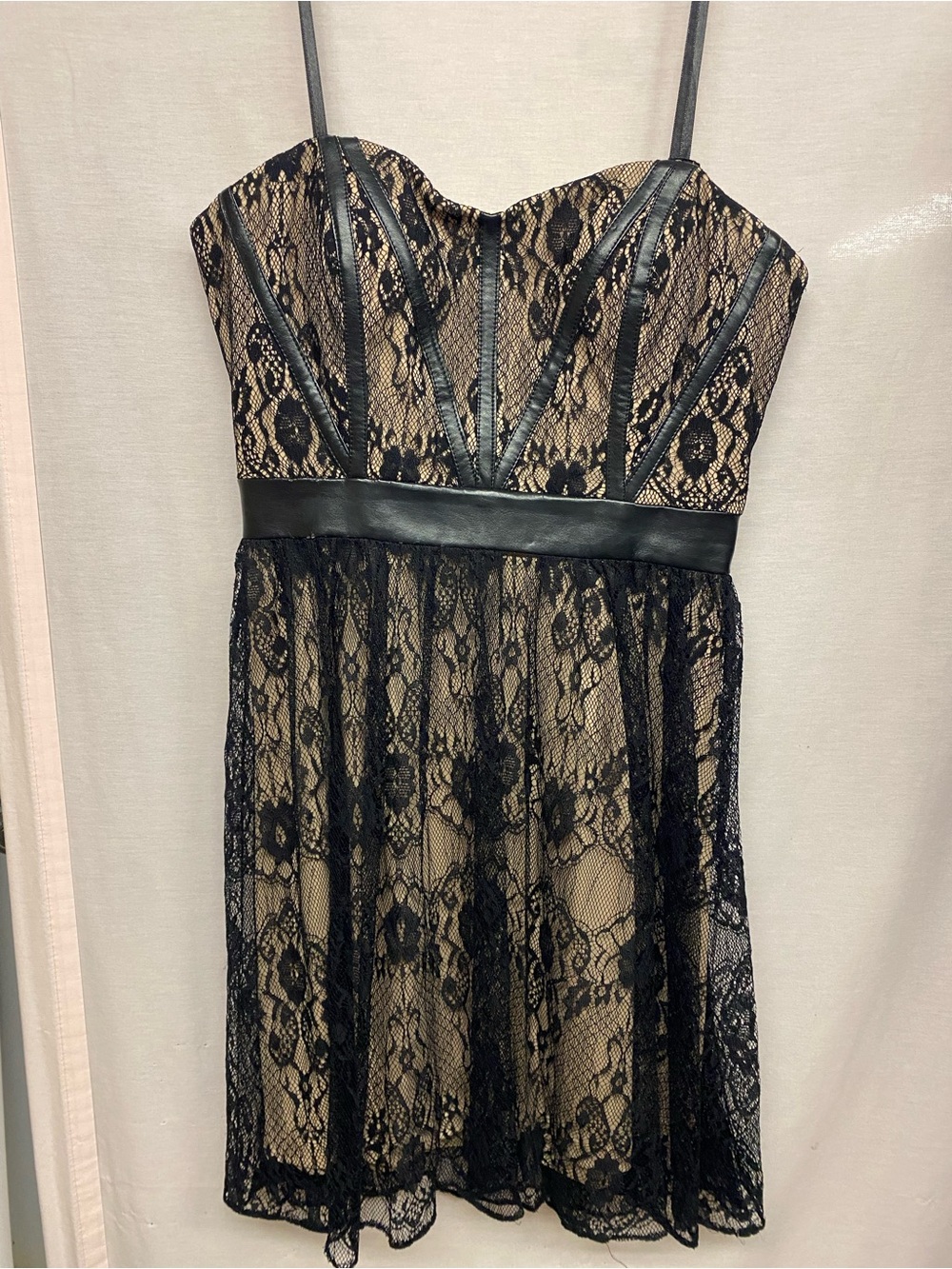 Hailey Logan Black Lace Overlay with Nude Slip Strapless Dress